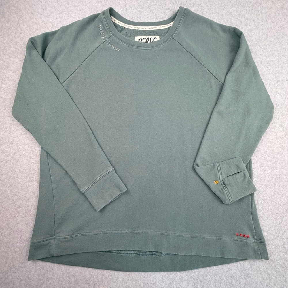 Peace Love World Happy Heart Raglan Sweatshirt Sage Green Thumbholes Size M